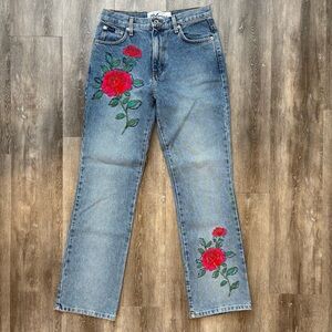 Unisex Vintage Express Bleus Jeans with Red Floral Embroidery